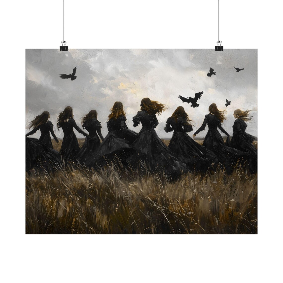 Witch Coven Black Dresses Windy Field Crows Stormy Sky Oil Art Print - Image 2