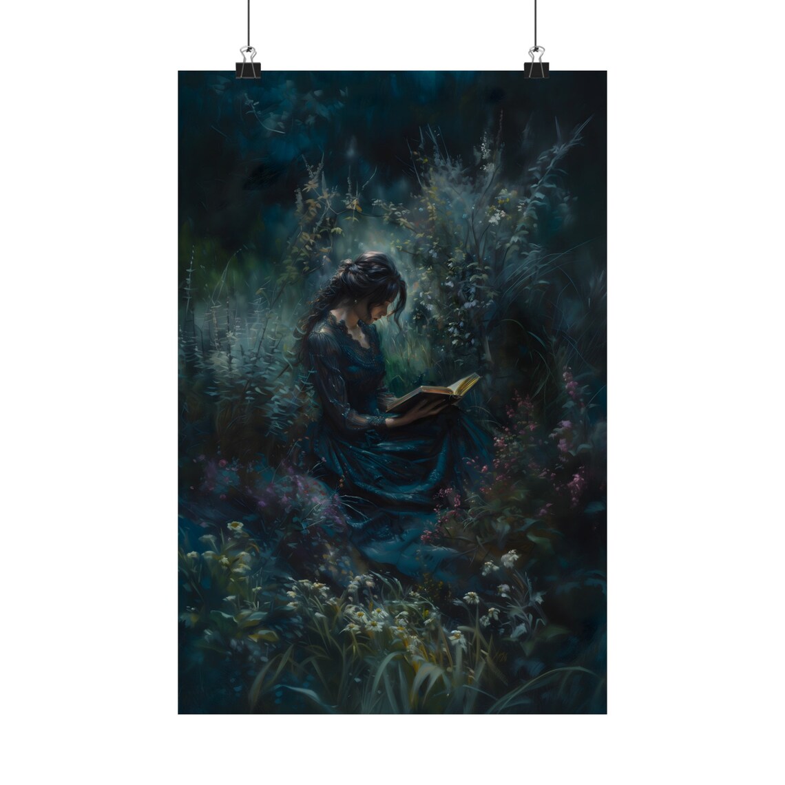Victorian Bookish Woman Reading Wildflowers, Art Print - Image 2