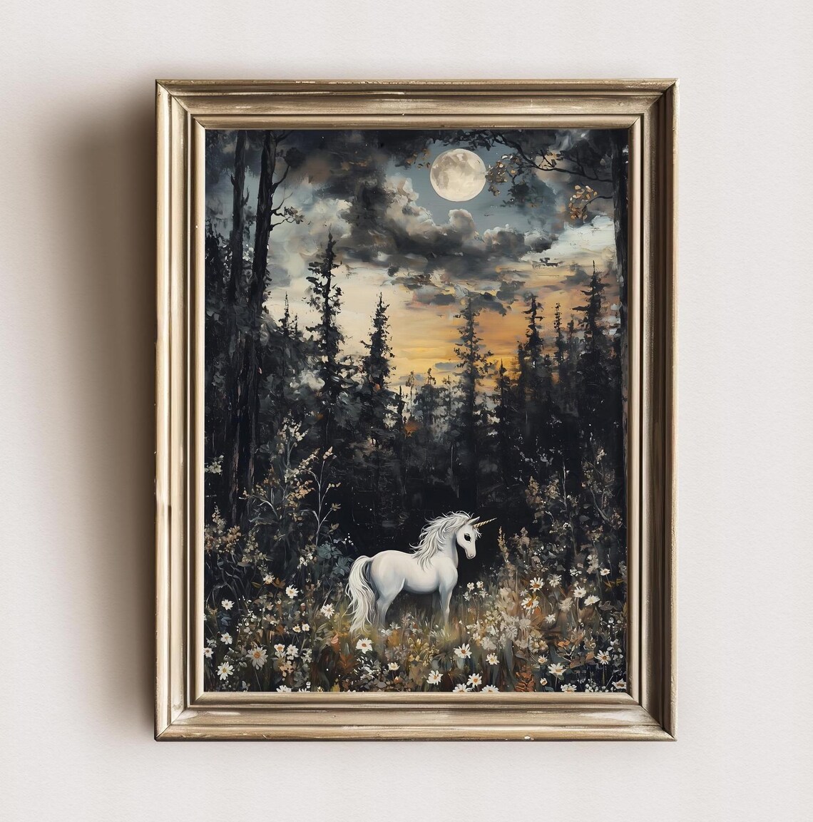 White Unicorn In Moonlit Dark Forest Wildflower Meadow Night Art Print