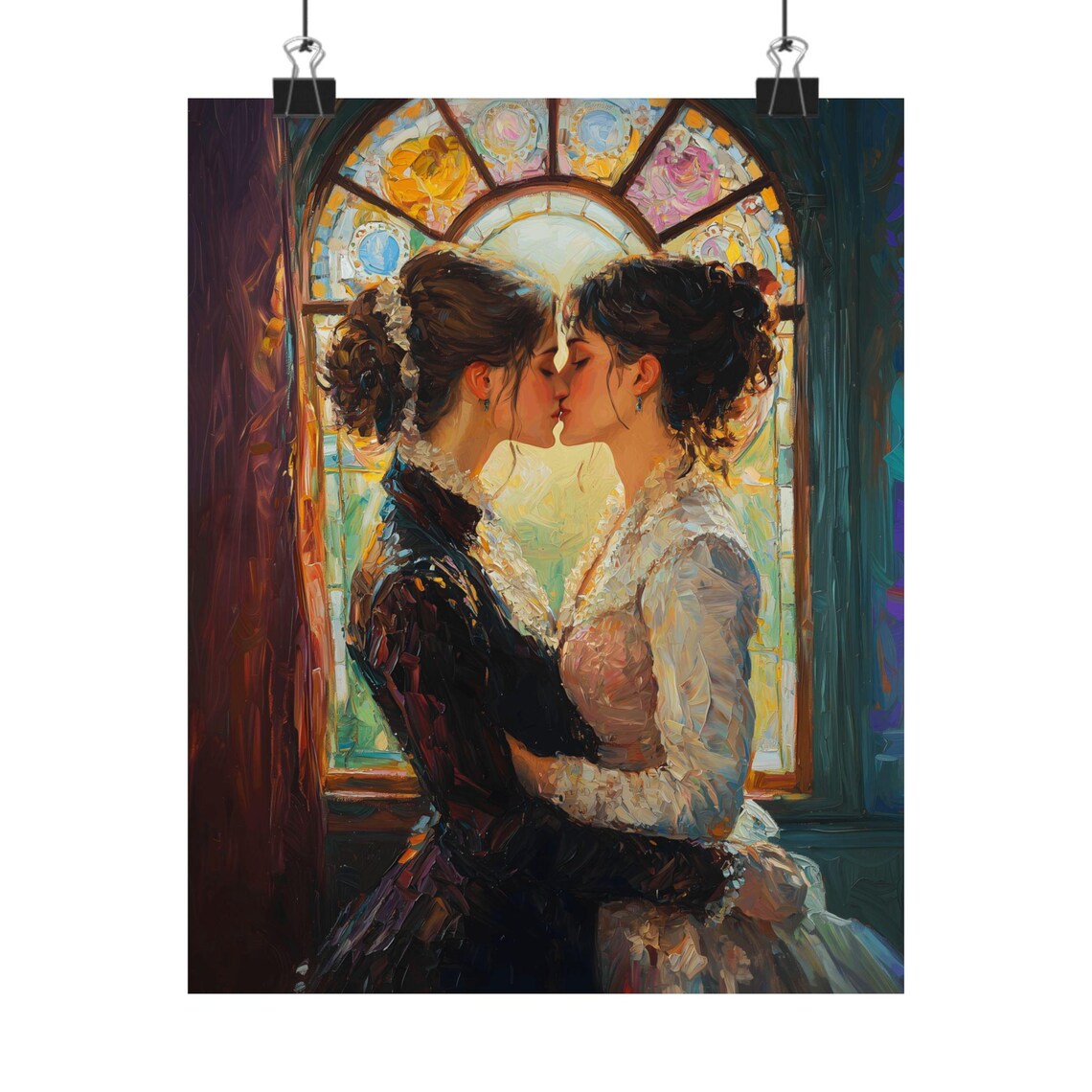 Two Victorian Women Kissing By Stained Glass Window Sapphic Romance Art Print - Image 2