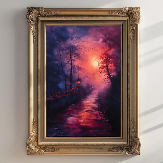 Moody Moonlit Forest Path Pink Purple Sky Lantern Goth Landscape Poster