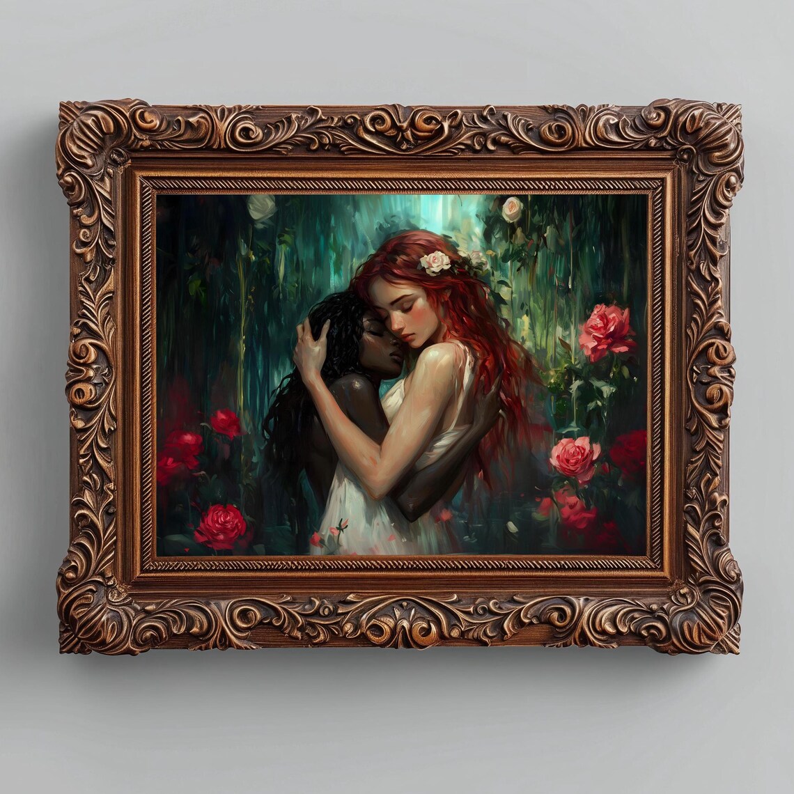Two Women Embracing In Dark Rose Garden Tender Sapphic Love Romantic Art Poster - Image 2
