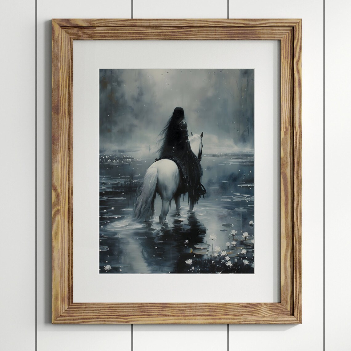 Rider On White Horse In Misty Lake Dark Gothic Fantasy Equestrian Painting Poster - Image 3