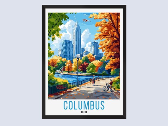 Columbus Ohio Autumn Riverside Park Cyclist Fall City Travel Poster