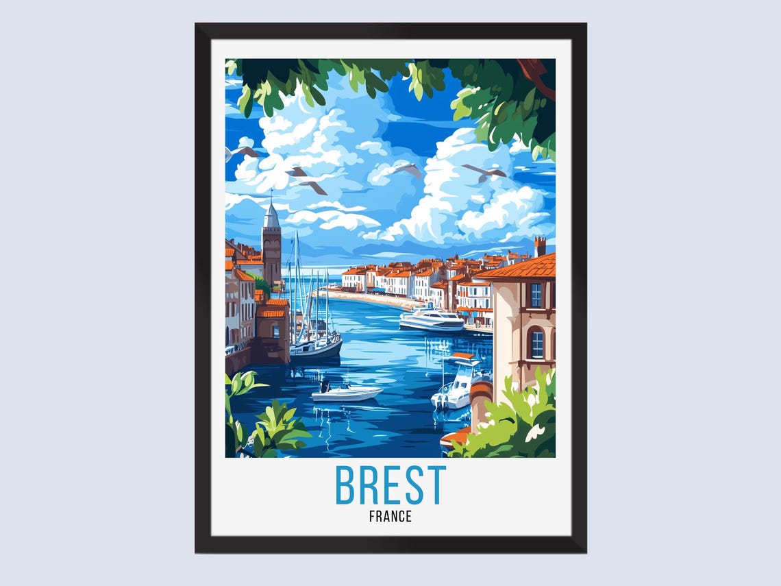 Brest France Sailboat Harbor Scene Bright Vintage Travel Poster