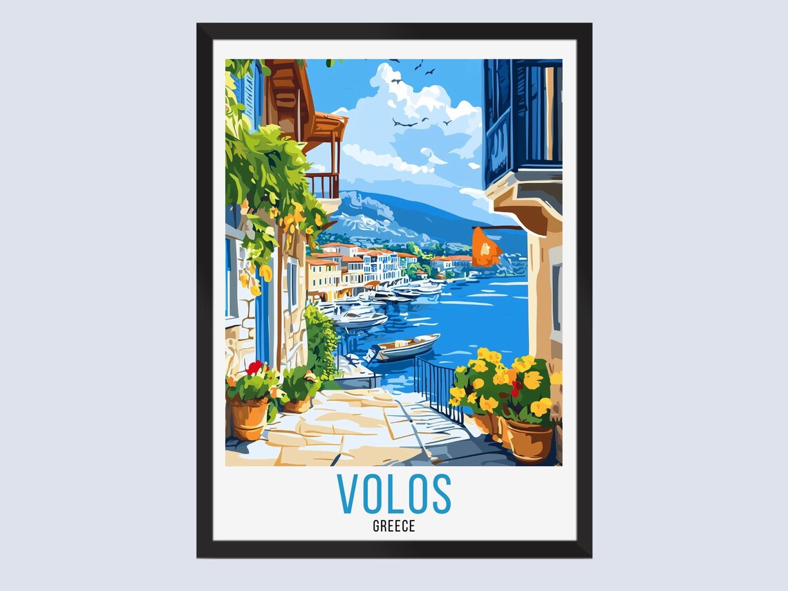 Volos Greece Vintage Travel Style Old Town Harbor Street Alley Poster
