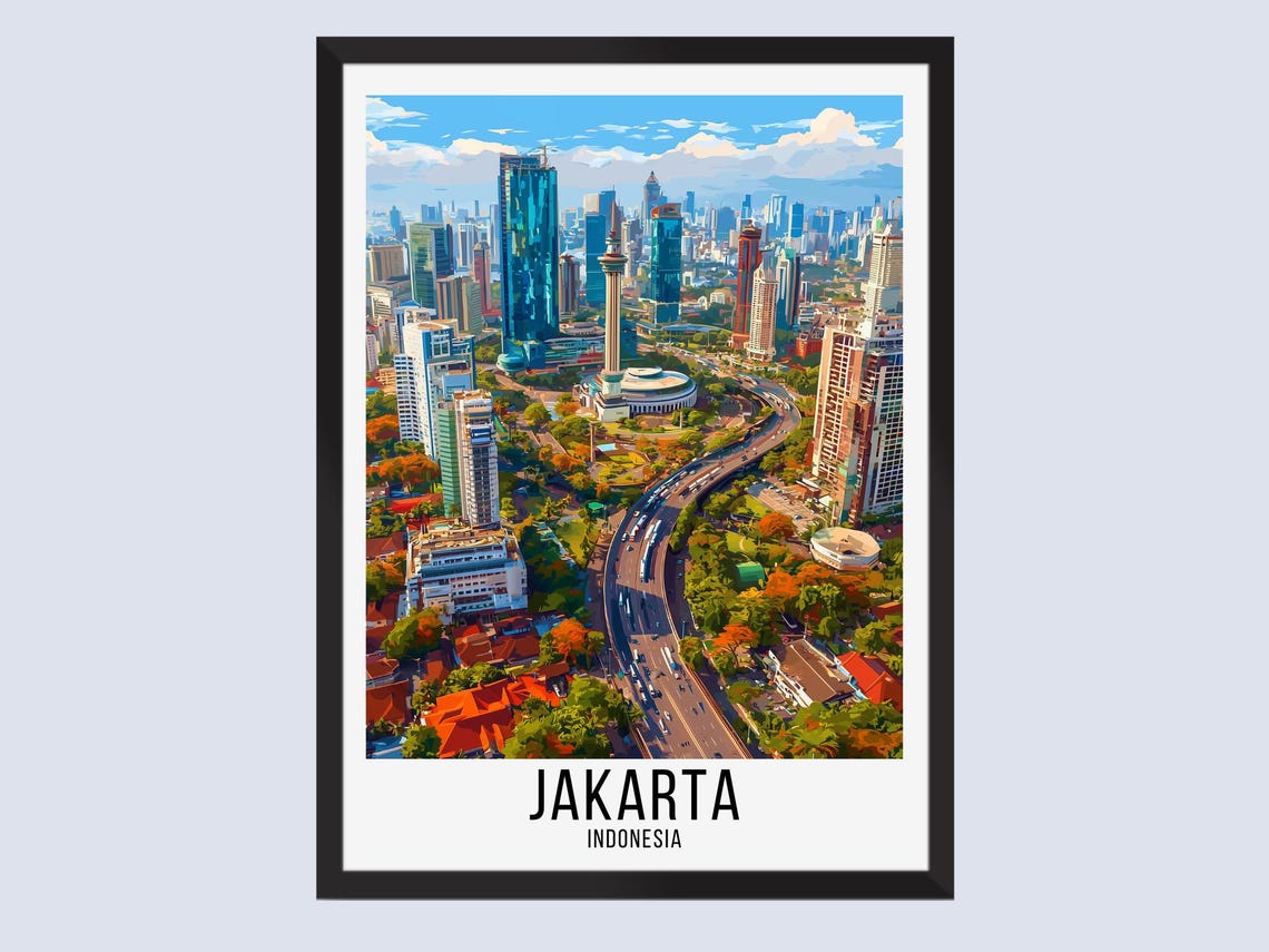 Jakarta Indonesia Monas Monument Skyline Vintage Travel Poster