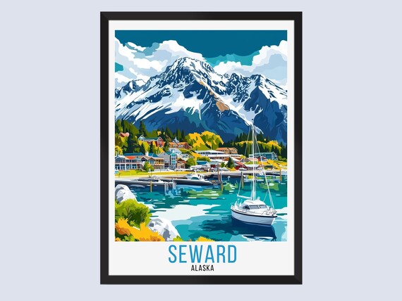 Seward Alaska Harbor Sailboats Town Waterfront Vintage Travel Poster