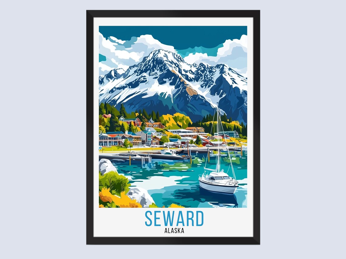Seward Alaska Harbor Sailboats Town Waterfront Vintage Travel Poster