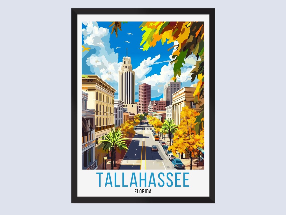 Tallahassee Florida Downtown Street Skyline Travel Poster Retro City Art