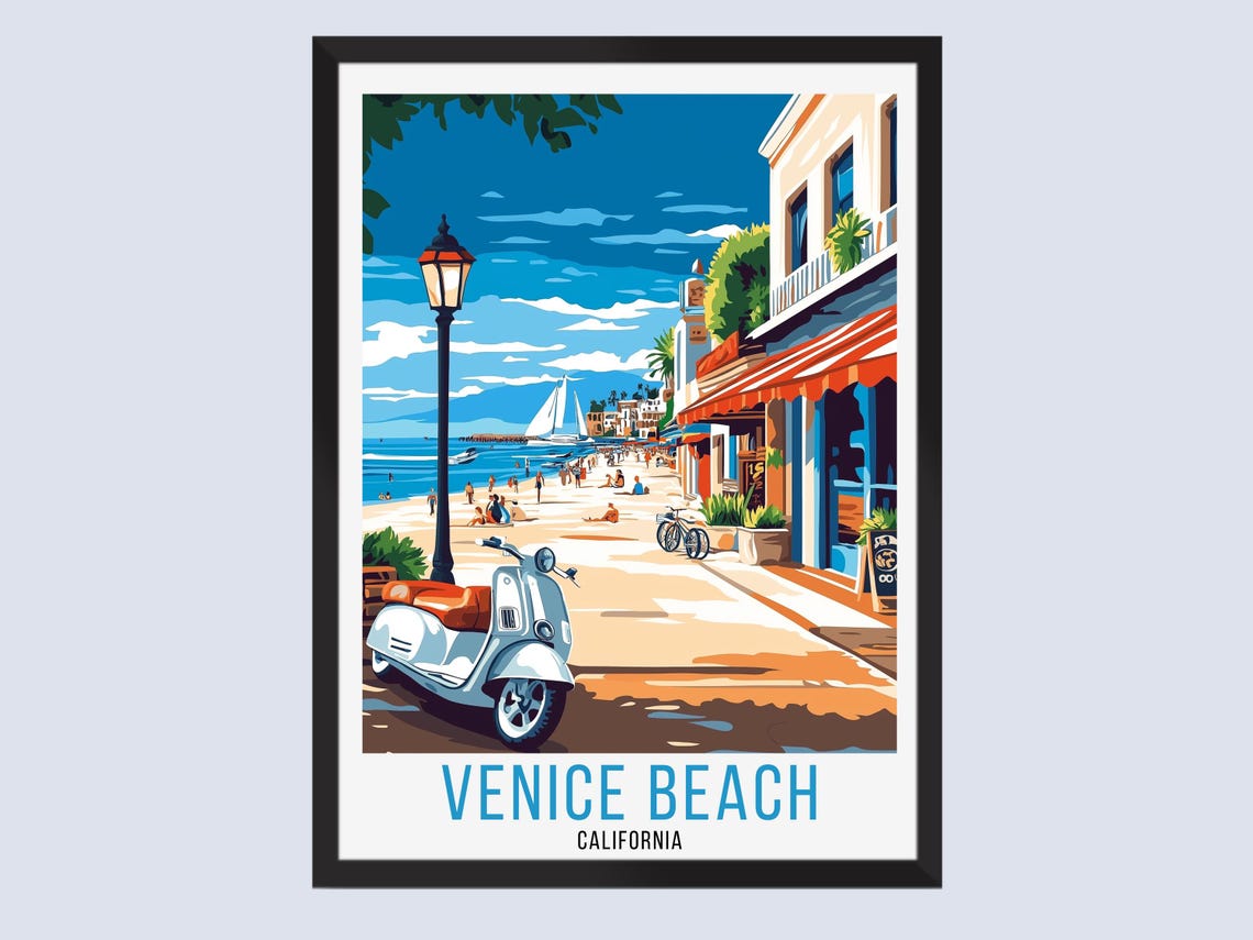 Venice Beach California Boardwalk Scooter Scene Vintage Poster