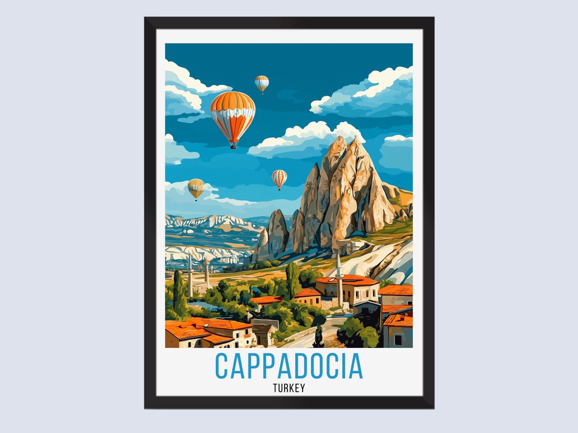 Cappadocia Turkey Balloons Over Village Rock Valley Travel Poster