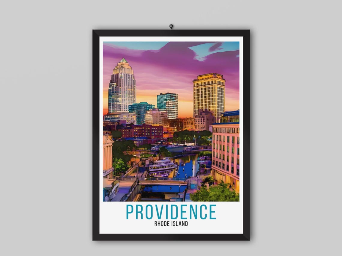 Providence Rhode Island Downtown Sunset River Vintage Poster