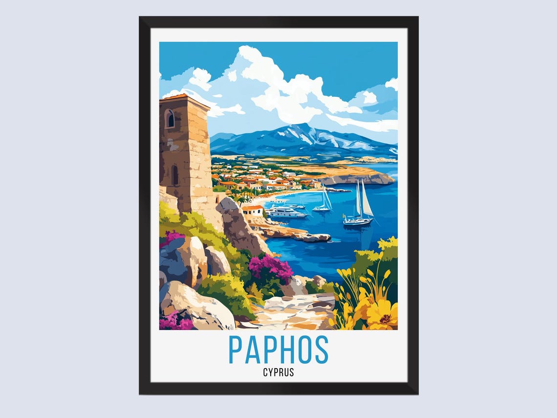 Paphos Cyprus Coastal Harbor Vintage Travel Illustration Poster