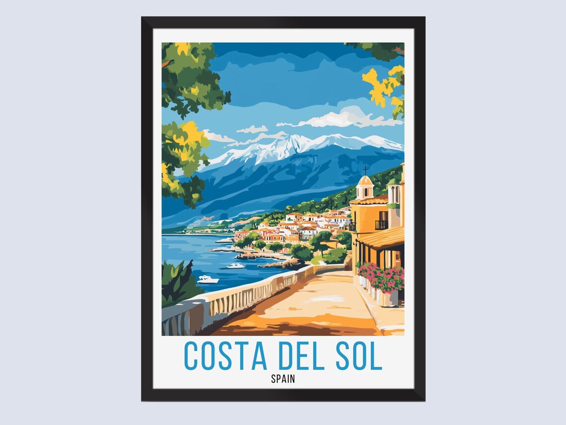 Costa Del Sol Spain Mountain Village Seaside Promenade Travel Poster