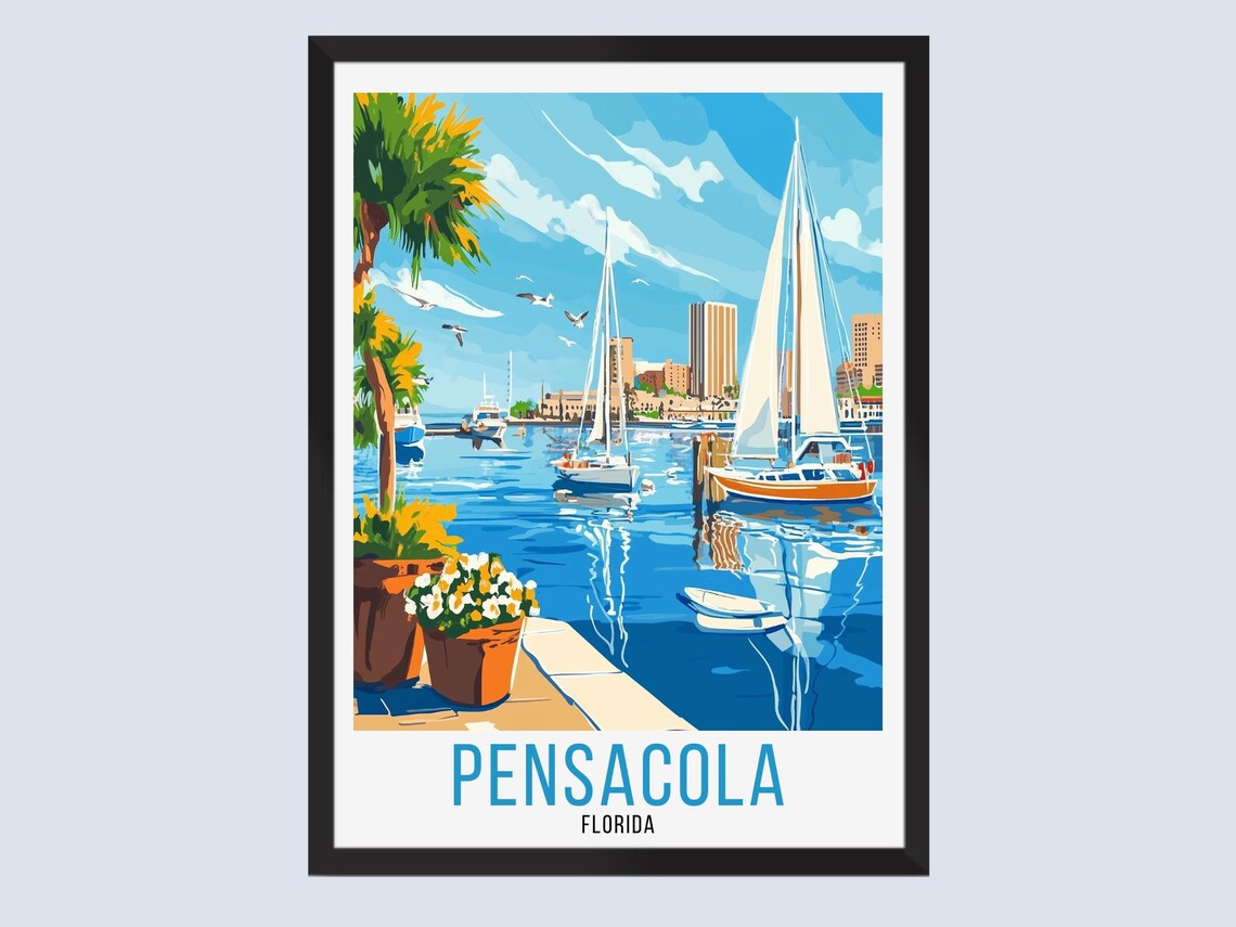 Pensacola Florida Marina Sailboats Vintage Travel Illustration Poster