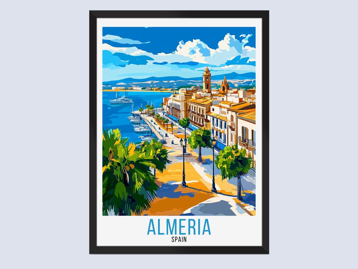 Almeria Spain Waterfront Promenade Palms Vintage Travel Poster
