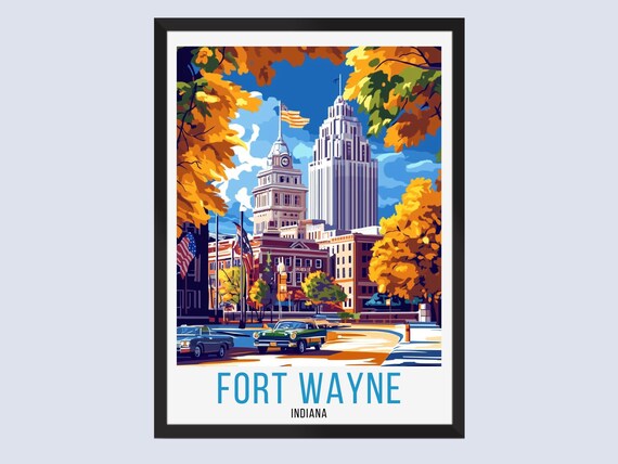Fort Wayne Indiana Downtown Autumn Trees Retro Travel Poster City Art