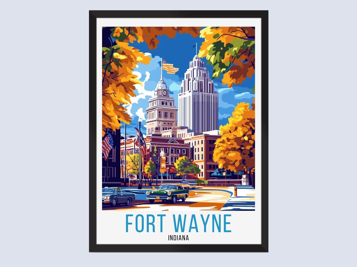 Fort Wayne Indiana Downtown Autumn Trees Retro Travel Poster City Art