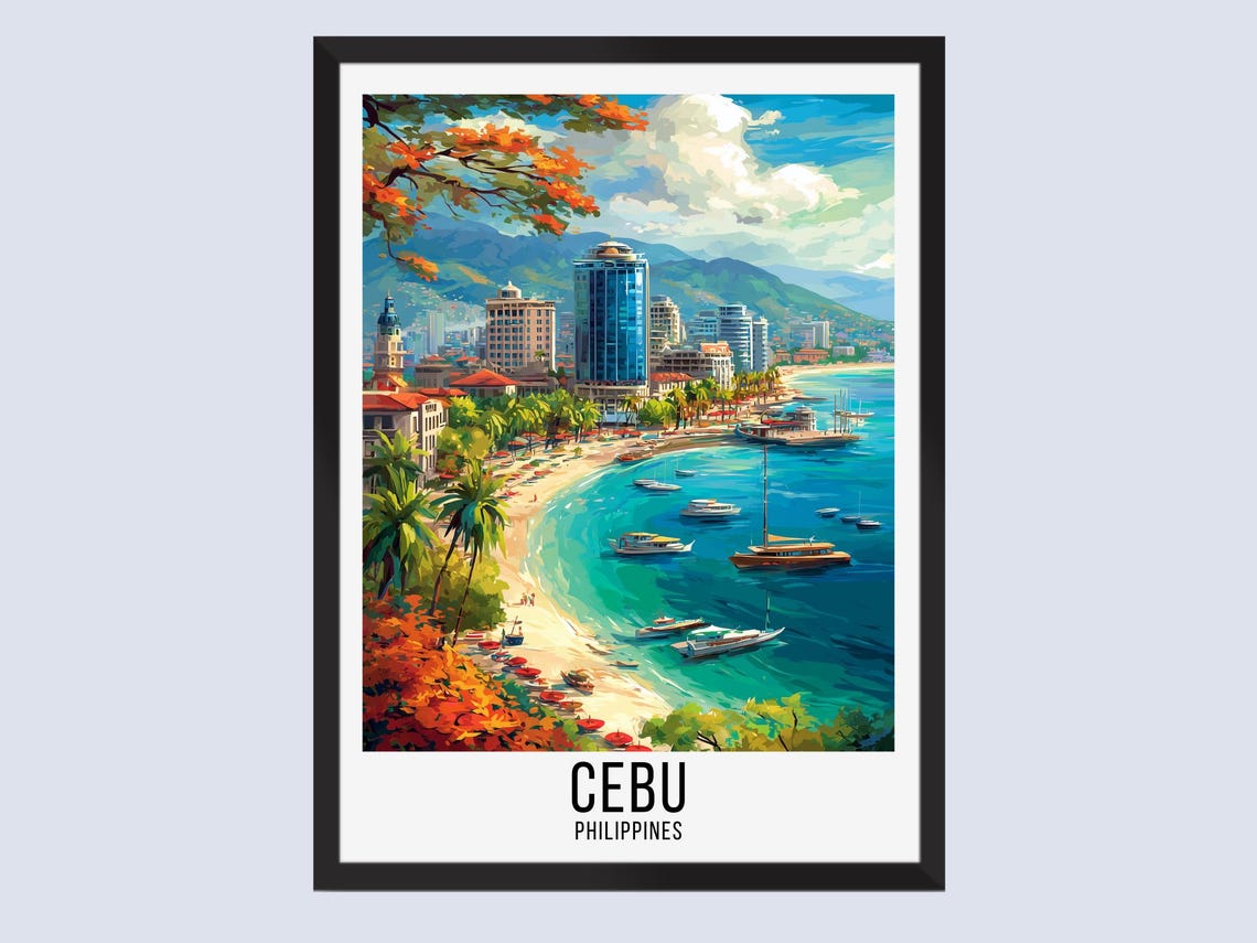 Cebu Philippines Coastal Skyline Sailboat Beach Travel Poster