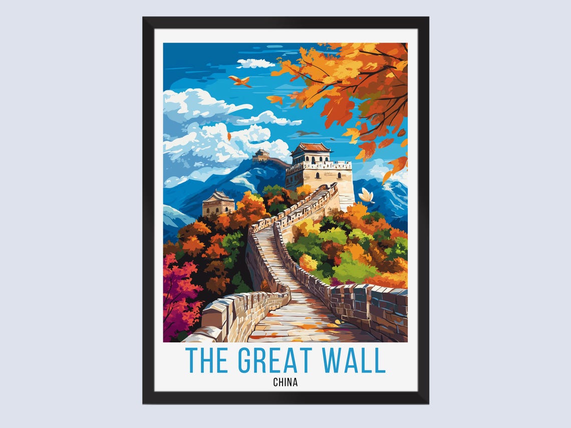 Great Wall China Autumn Foliage Watchtowers Retro Travel Poster