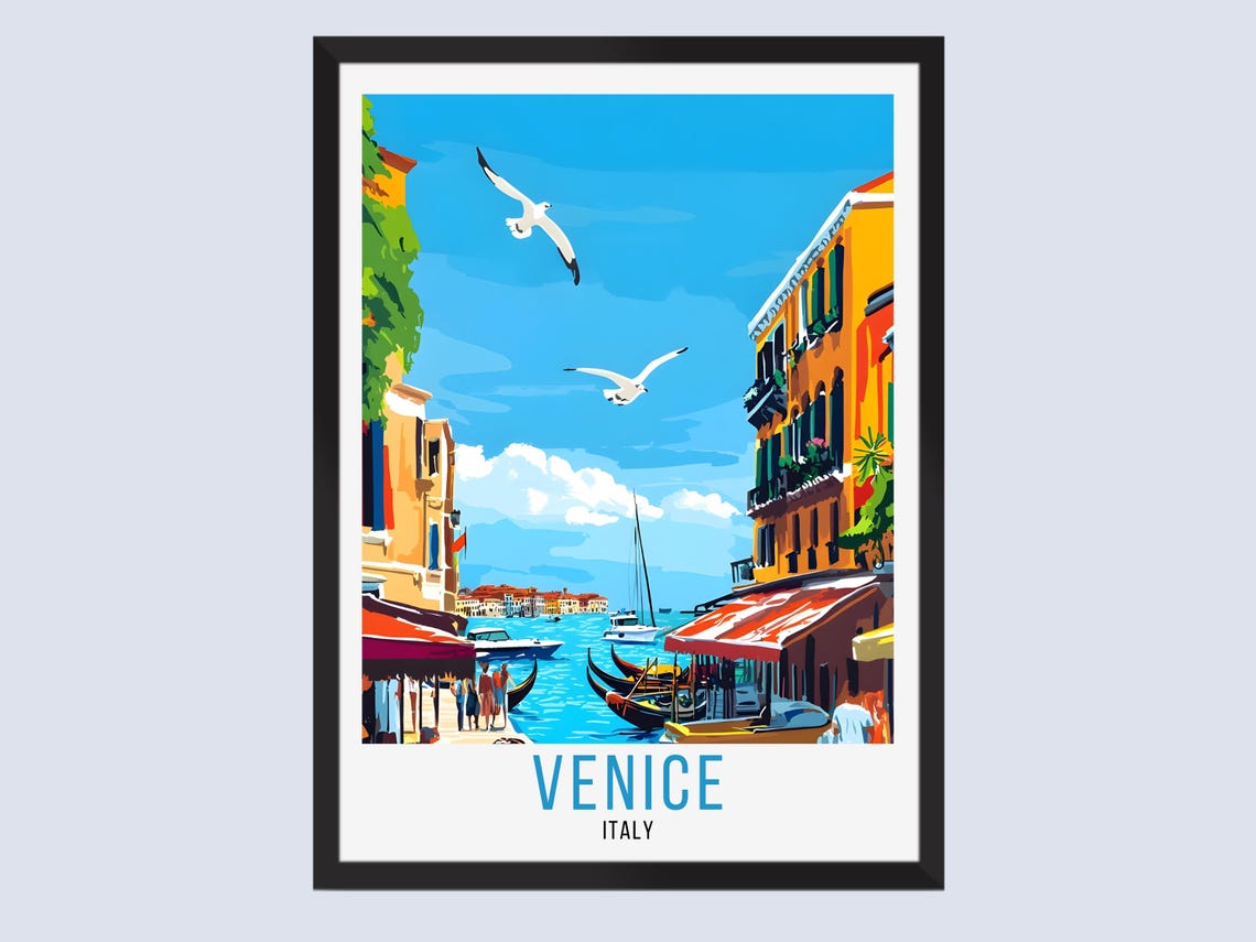 Venice Italy Grand Canal Gondolas Vintage Waterfront Travel Poster