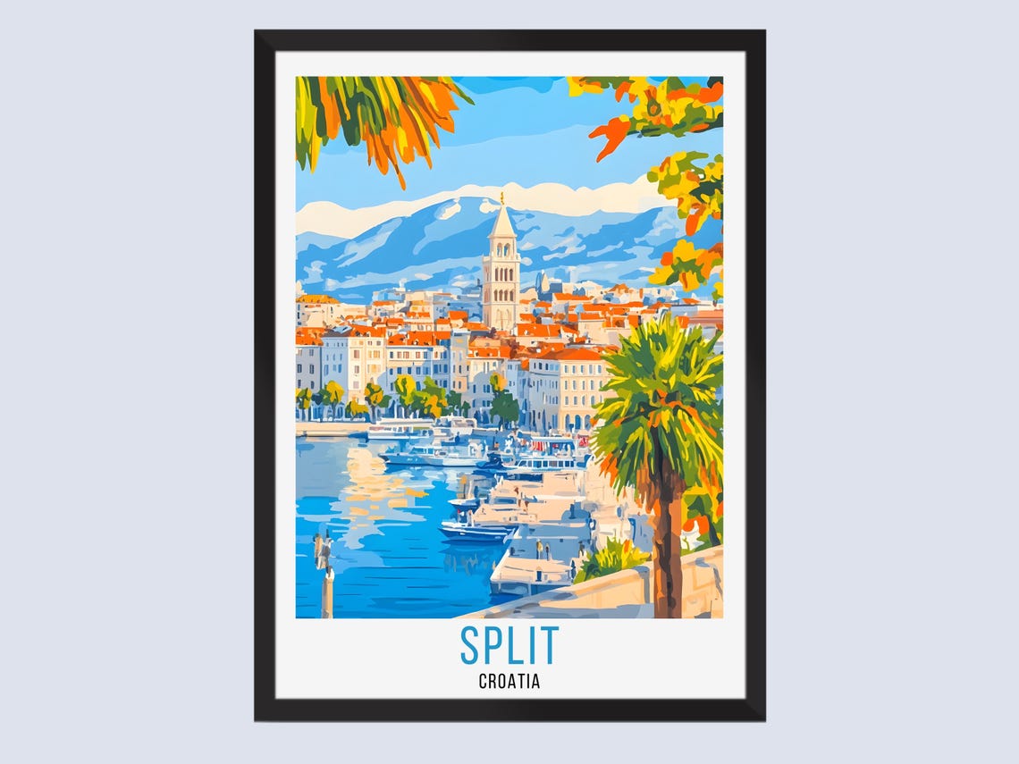 Split Croatia Old Town Harbor Bell Tower Vintage Travel Poster