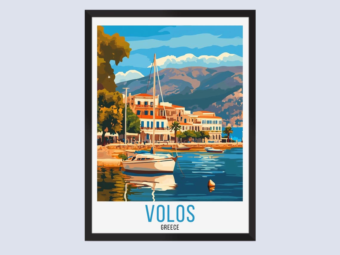 Volos Greece Retro Travel Style Mediterranean Harbor Sailboat Poster
