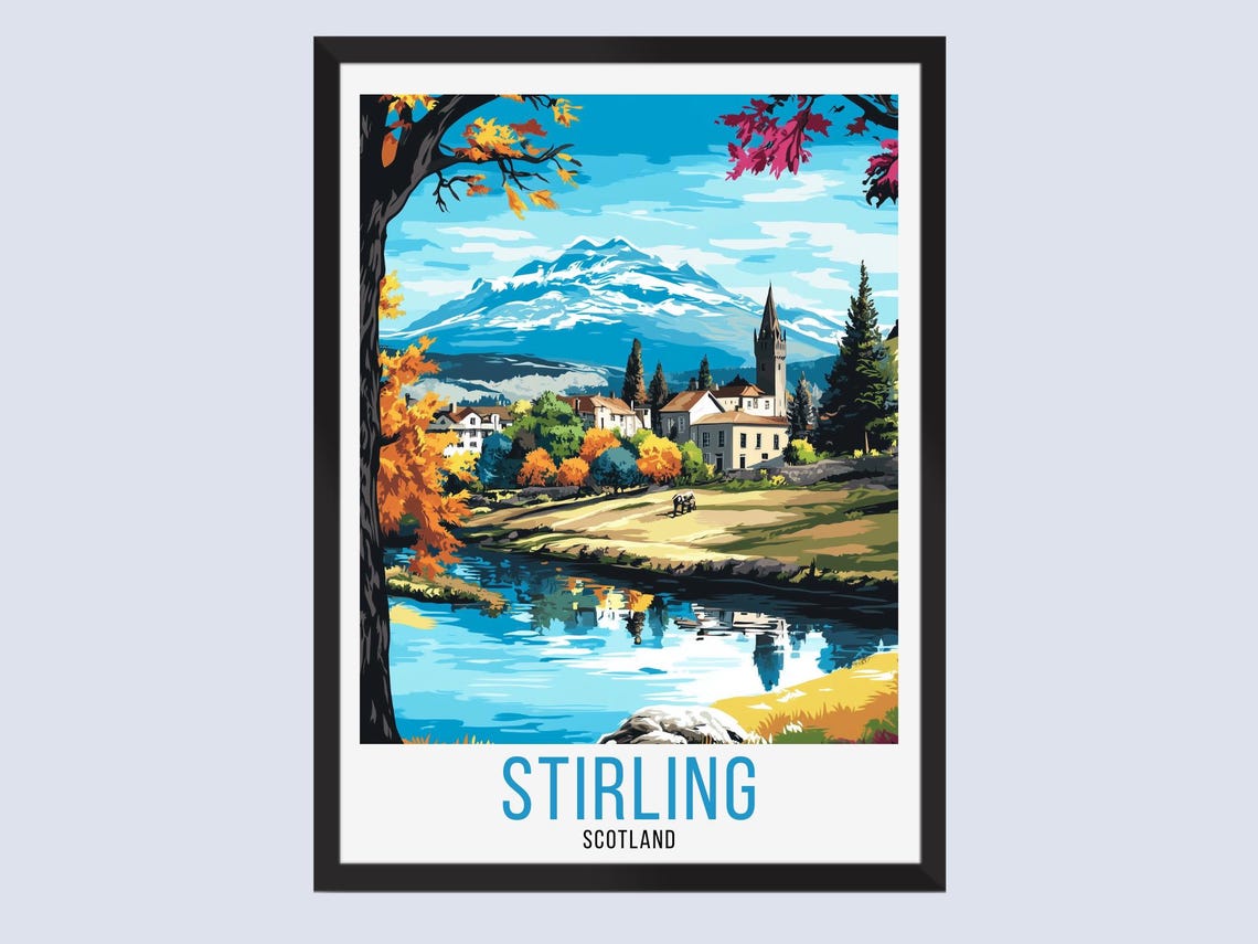 Stirling Scotland Retro Travel Style Autumn River Mountain Town Poster