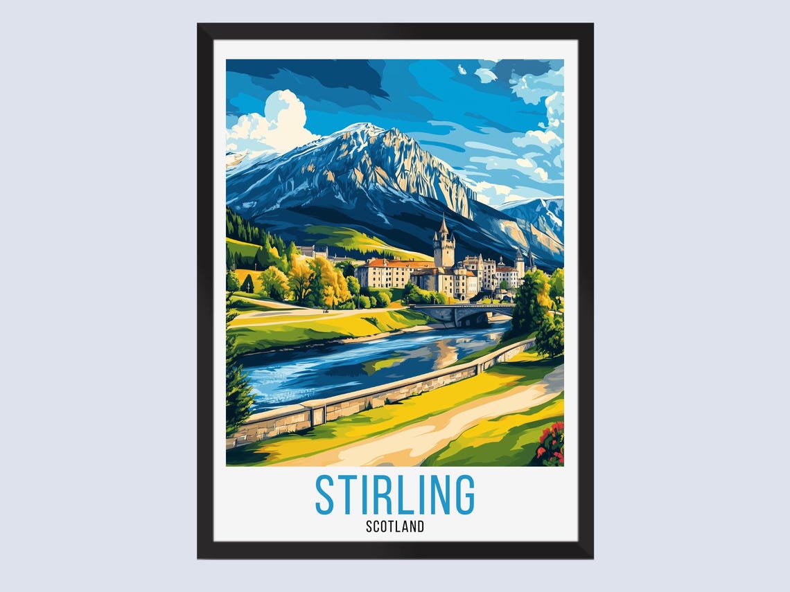 Stirling Scotland Vintage Travel Style Summer River Mountain Poster