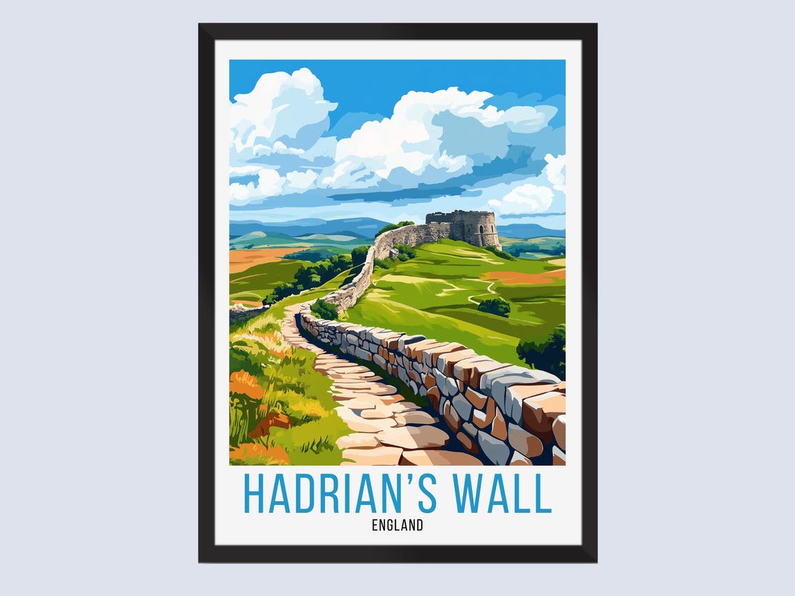 Hadrian's Wall England Stone Path Rolling Green Hills Travel Poster