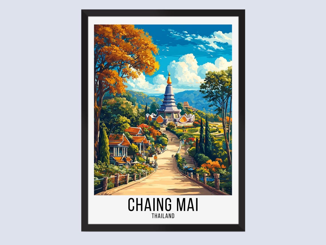 Chaing Mai Thailand Mountain Temple Stairway Tropical Travel Poster