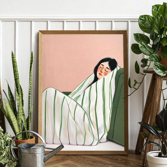 Minimalist Print Living Room Wall Artemerald Green Abstract People Large Art Contemporary Artwork Stripe Woman