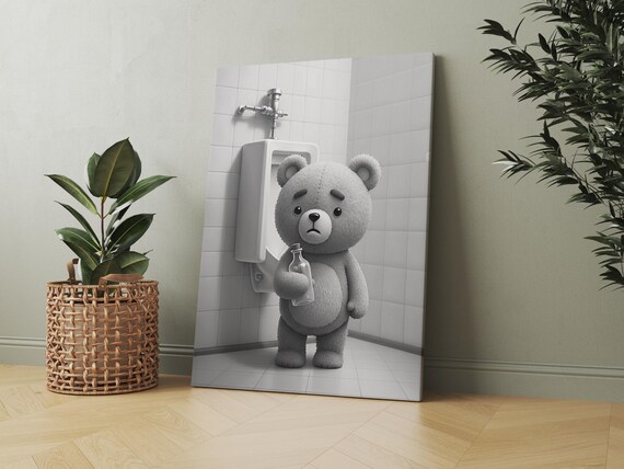 Funny Gray Teddy Bear Bathroom Black and White Animal Poster