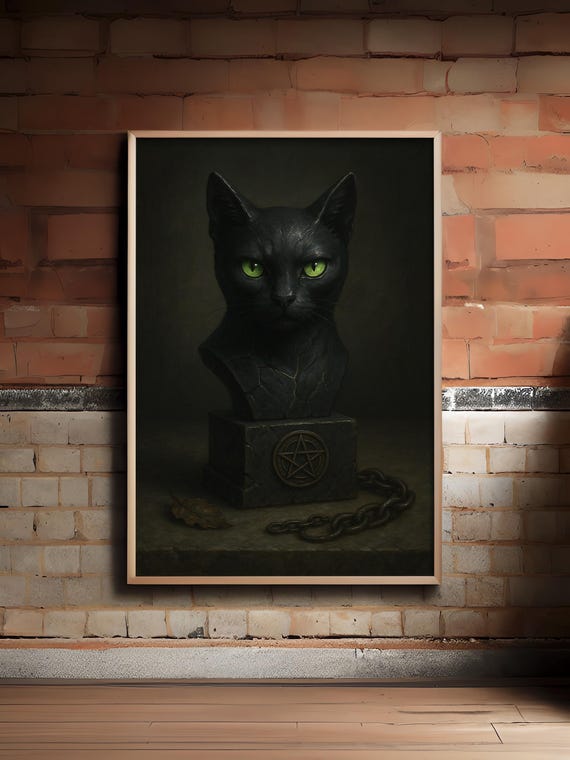 Black Cat Bust Statue Gothic Halloween Witch Familiar Sculpture With Pentagram