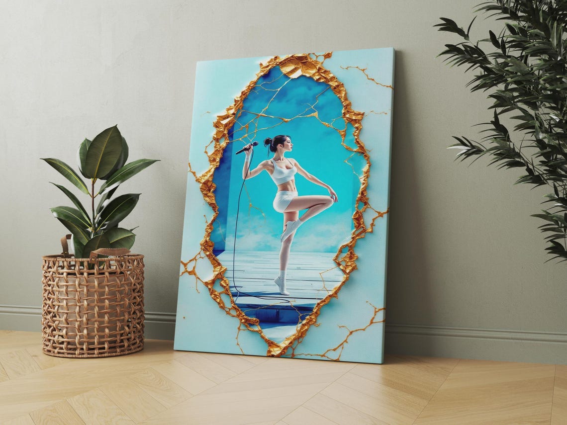 Female Dancer Ballet Pose Gold Cracked Portal Teal Art Poster