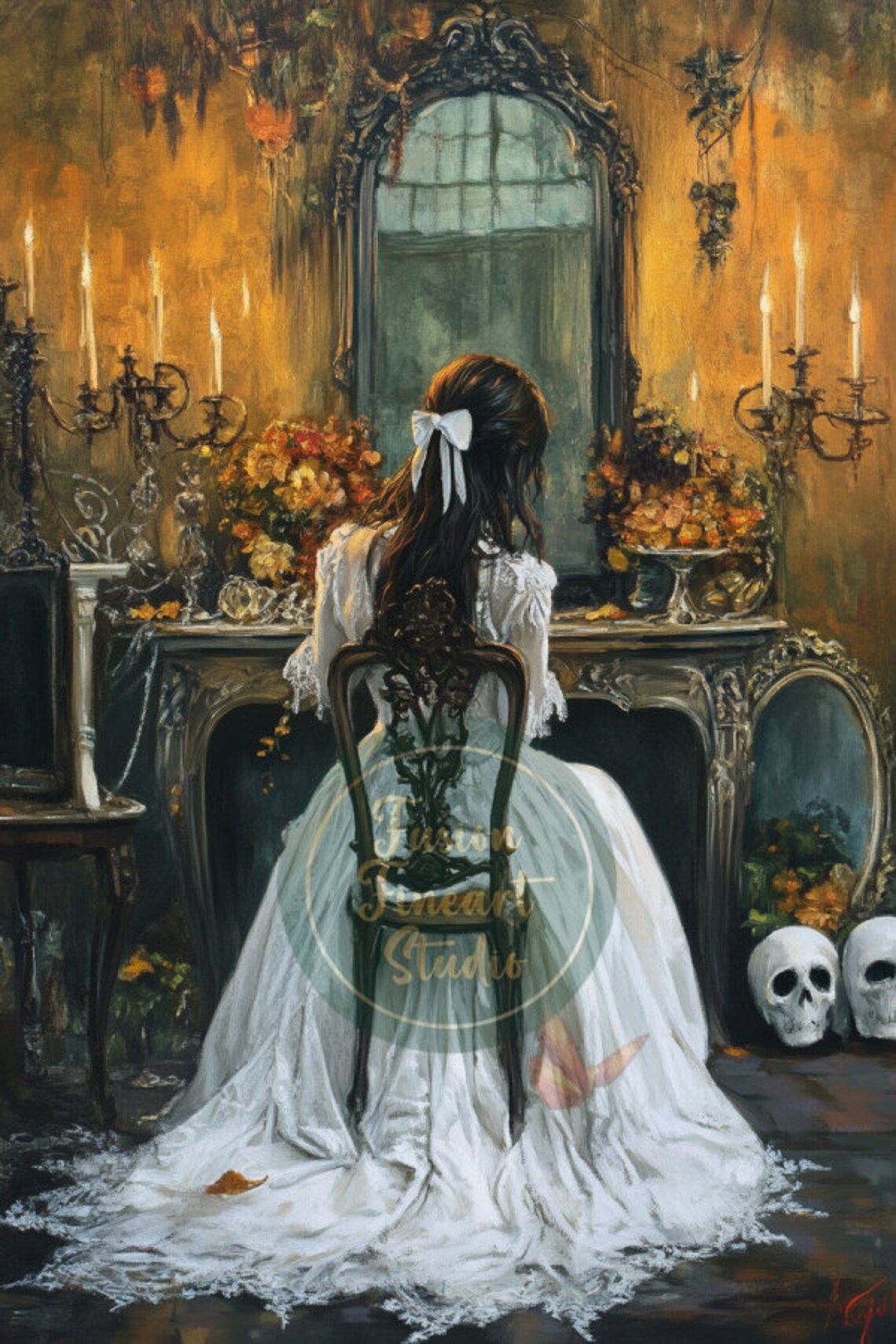 Ghost Lady Dressed In White Halloween Art Print - Image 3