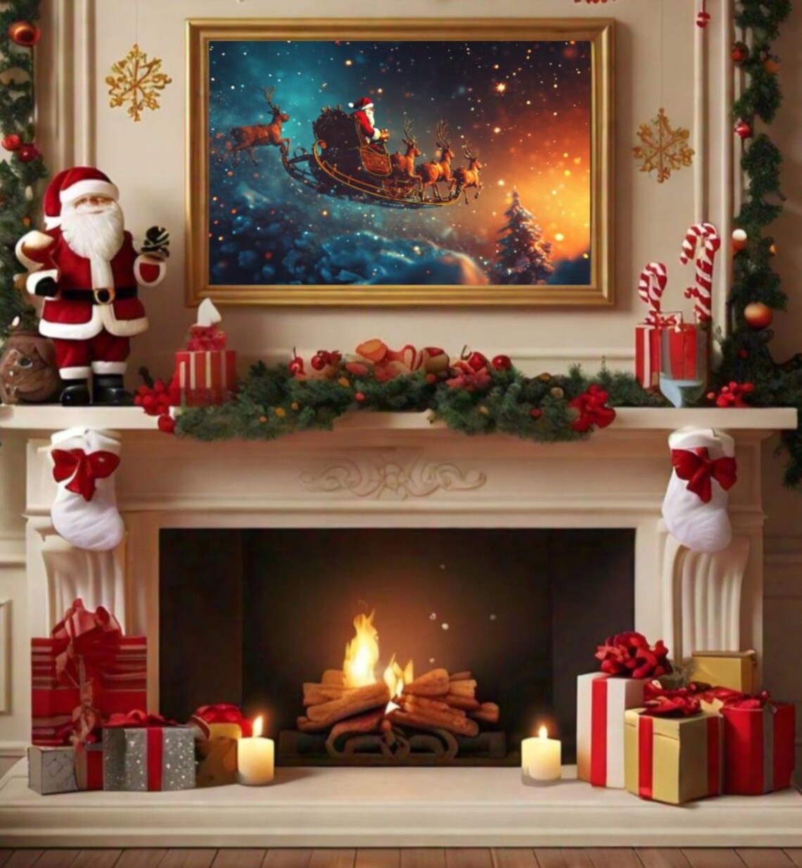 Santa Claus Sleigh Starry Night Sky Reindeer Magical Art Poster - Image 2