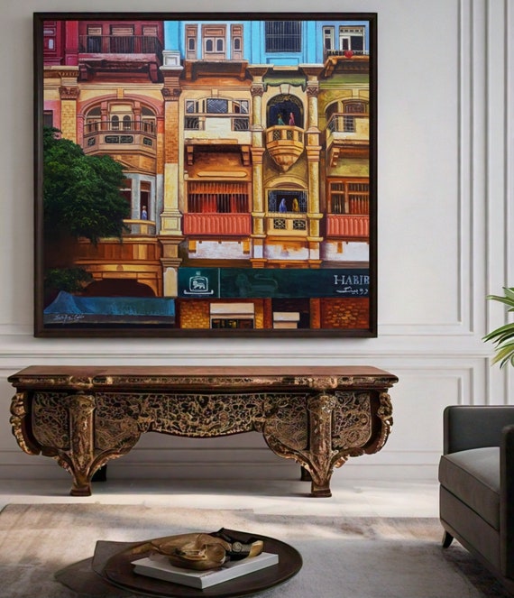 Indian Art Original Oil Painting On Pakistani Karachi Wall Art Midcentury Modern Art Work For Home Decor