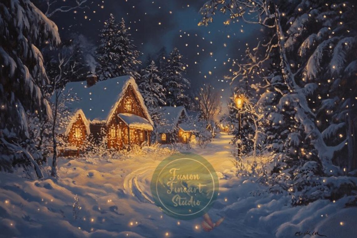 Glowing Snowy Cabin Night Deep Winter Woods Light Trail Poster - Image 3