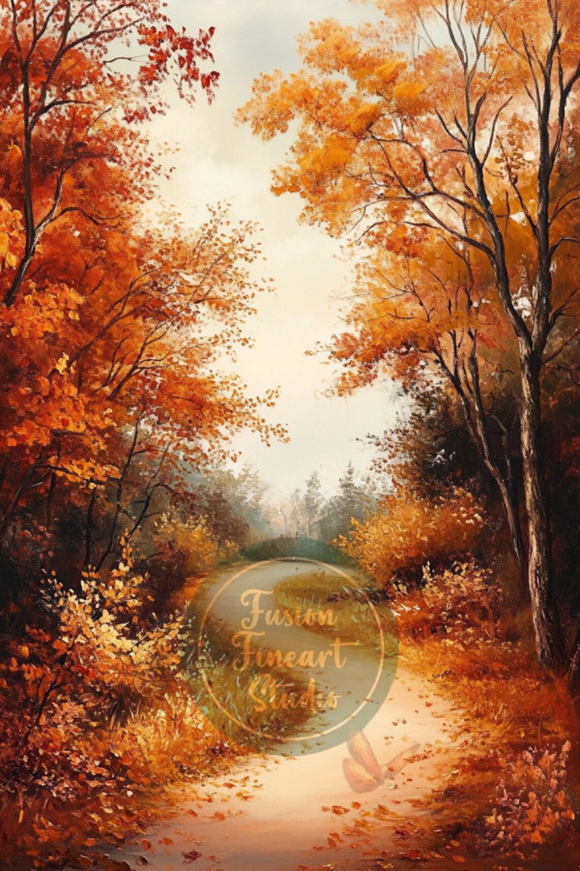 Winding Golden Path Through Fiery Autumn Forest Oil Painting Poster - Image 3