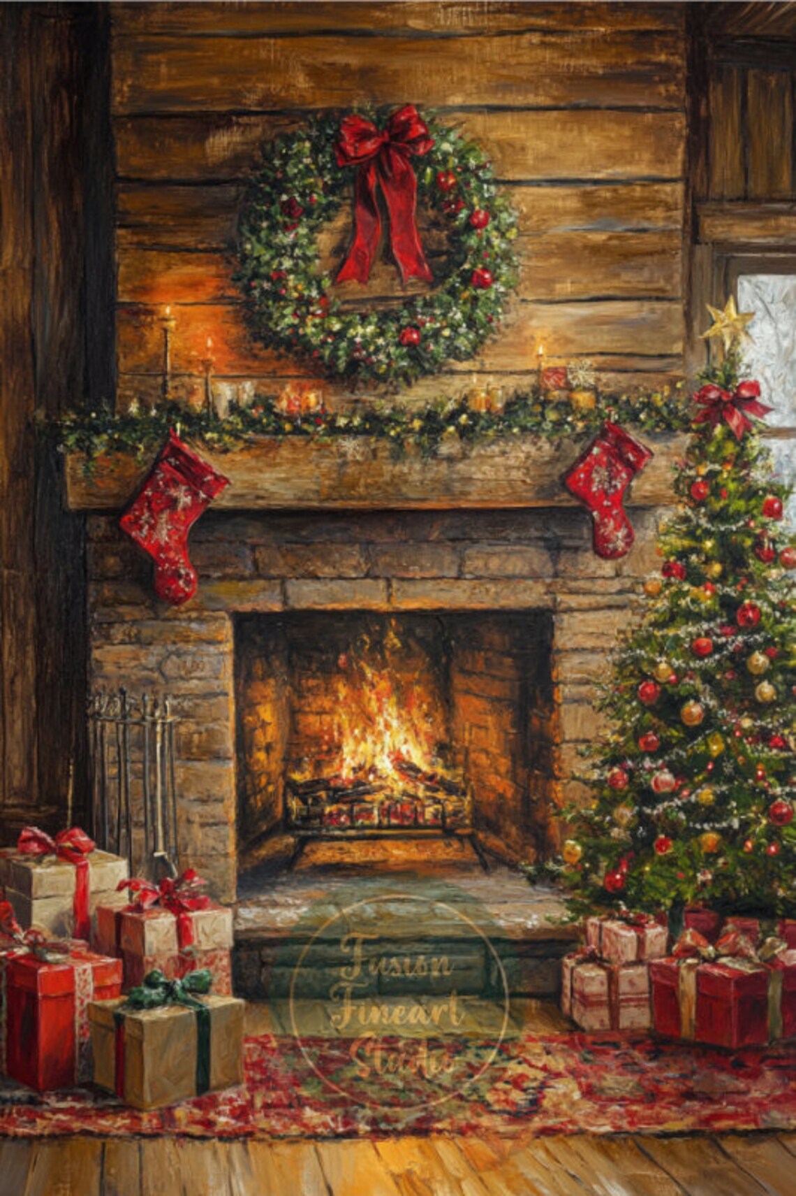 Christmas Fireplace Mantel Art Print, Holiday Decor - Image 3