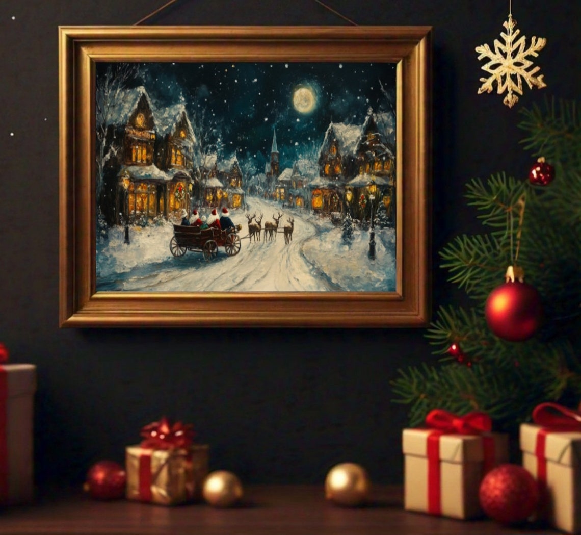 Reindeer Drawn Carriage Ride Down Snowy Main Street Moonlit Poster - Image 2