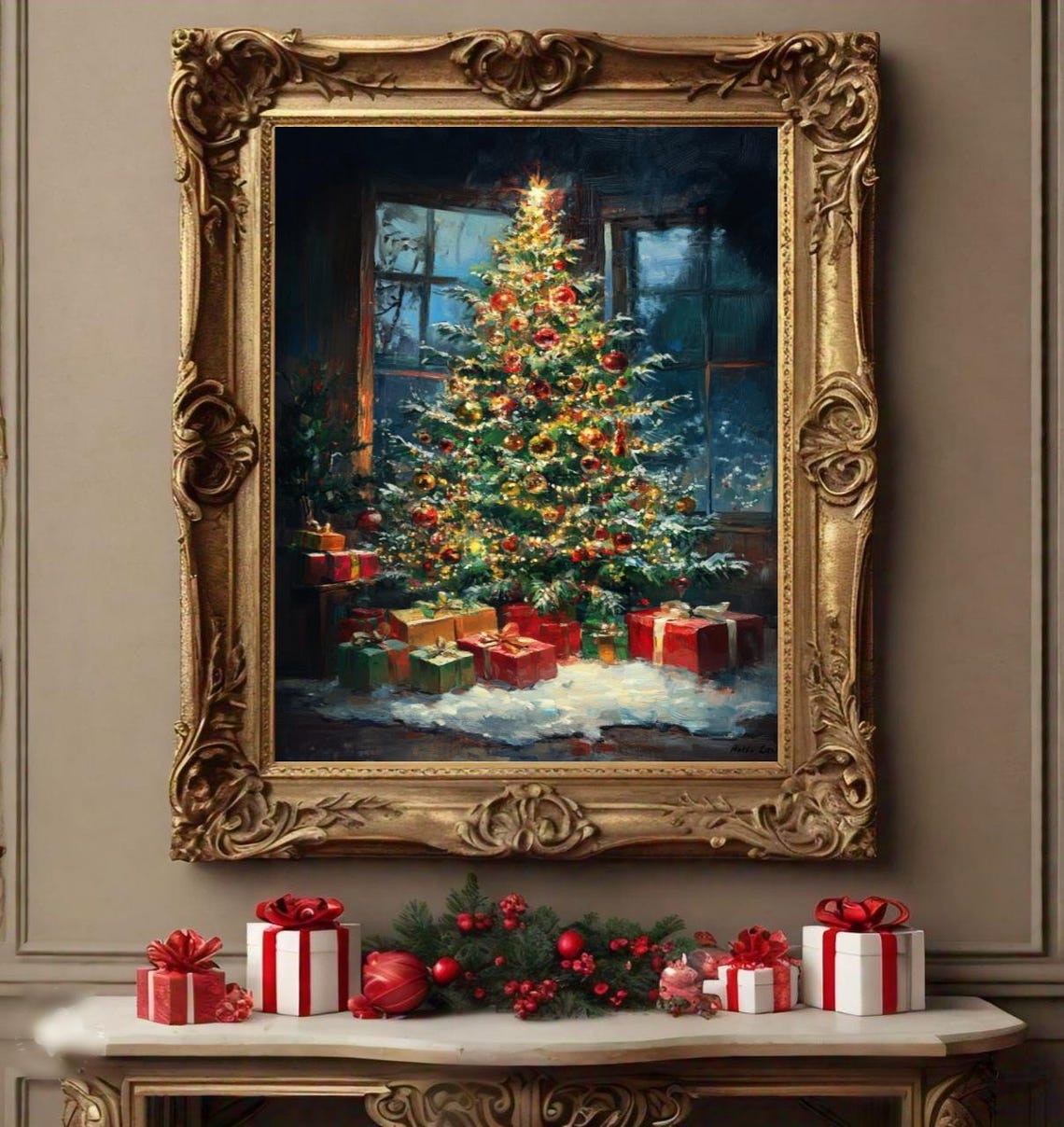 Christmas Tree Night Glowing Presents Snow Window Classic Poster