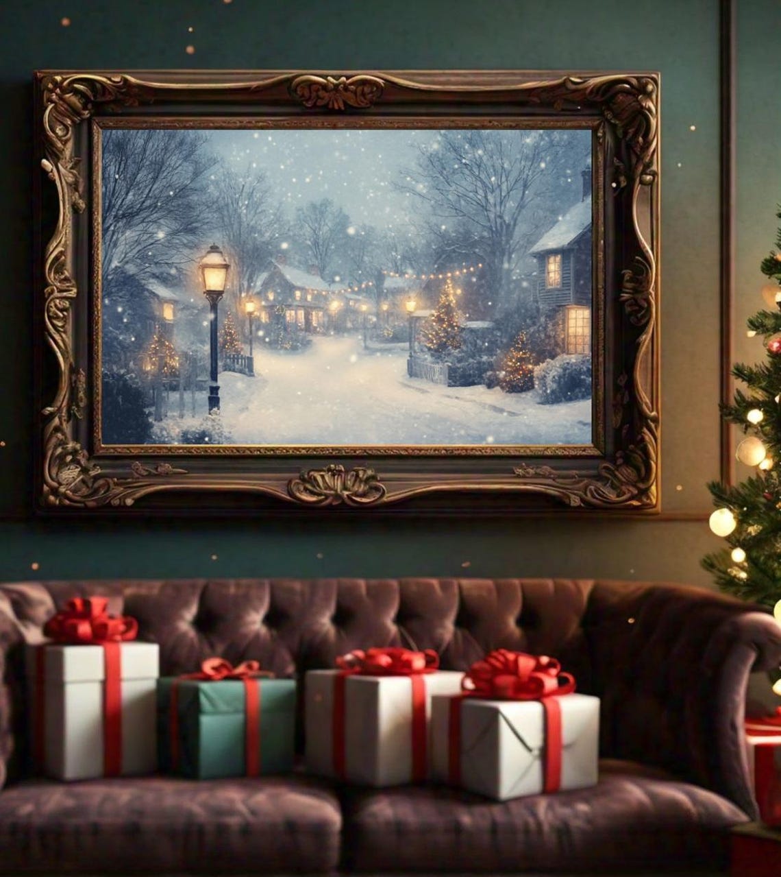 Snowy Village Street Lamplights Falling Snow Winter Evening Poster