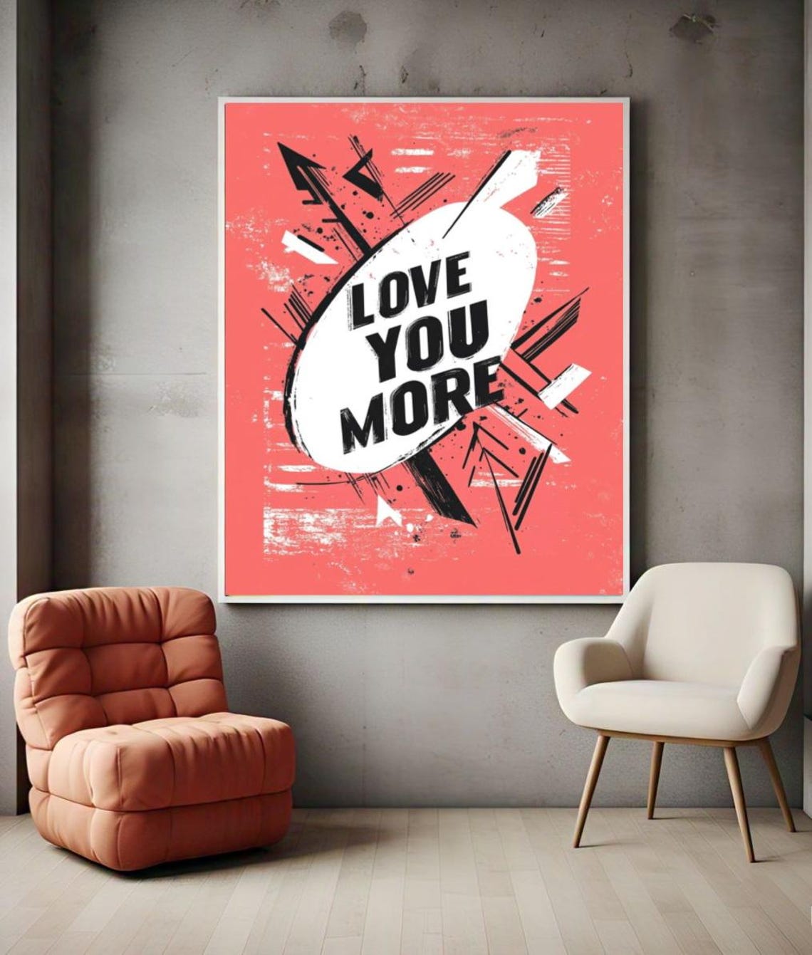 Love You More Coral Red Graffiti Typography Statement Poster - Image 2