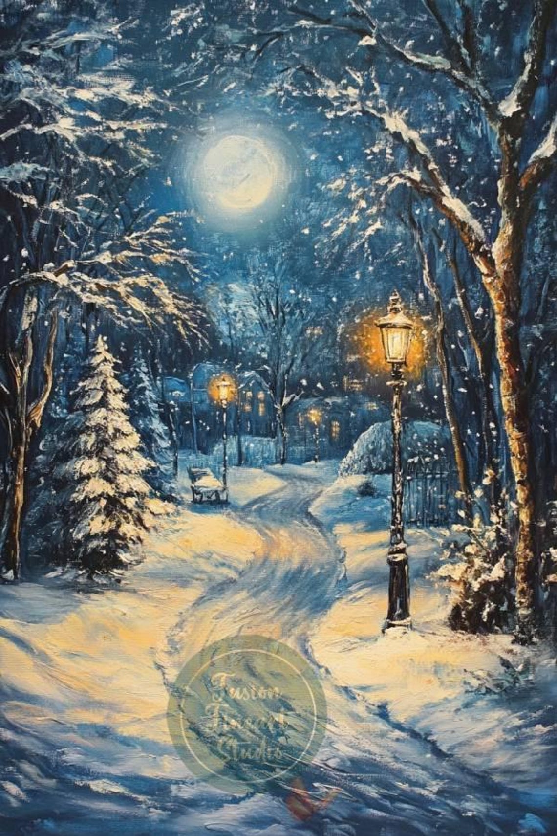 Snowy Moonlit Park Lamppost Path Winter Night Painting Poster - Image 3
