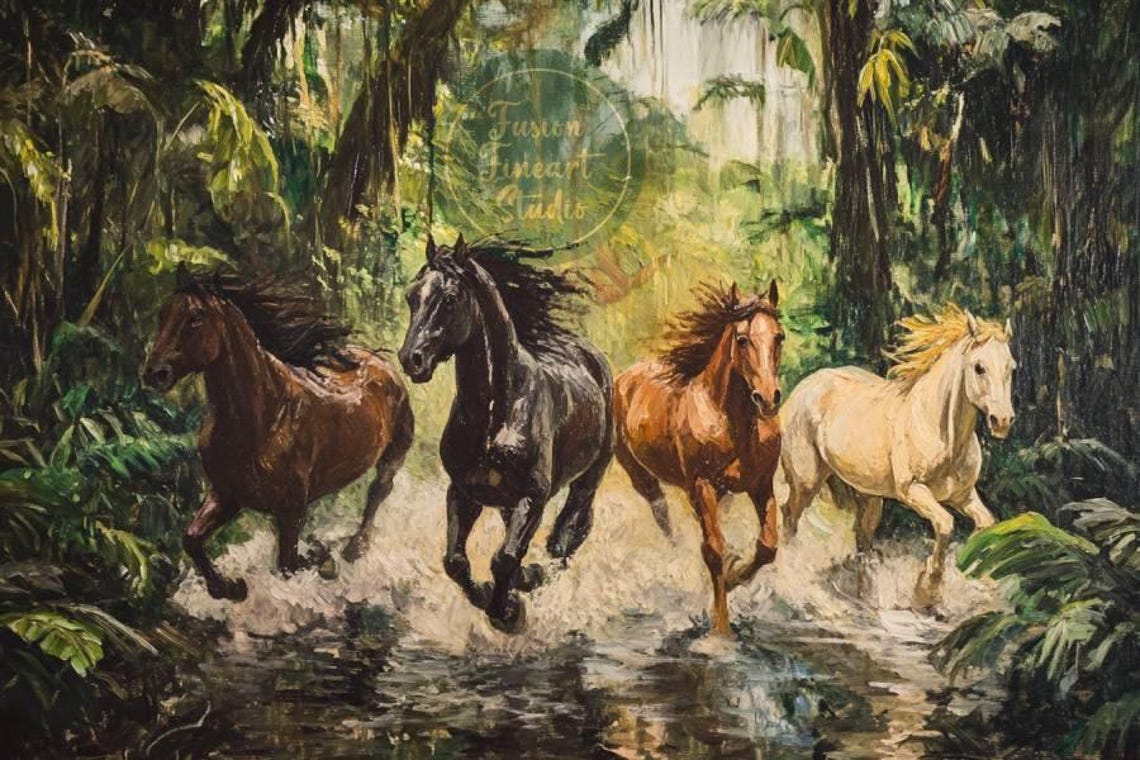 Four Wild Horses Galloping Jungle Stream Water Splash Poster - Image 3