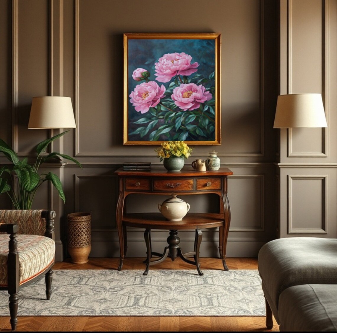 Pink Peony Bouquet Dark Teal Moody Vintage Floral Oil Painting Poster - Image 2