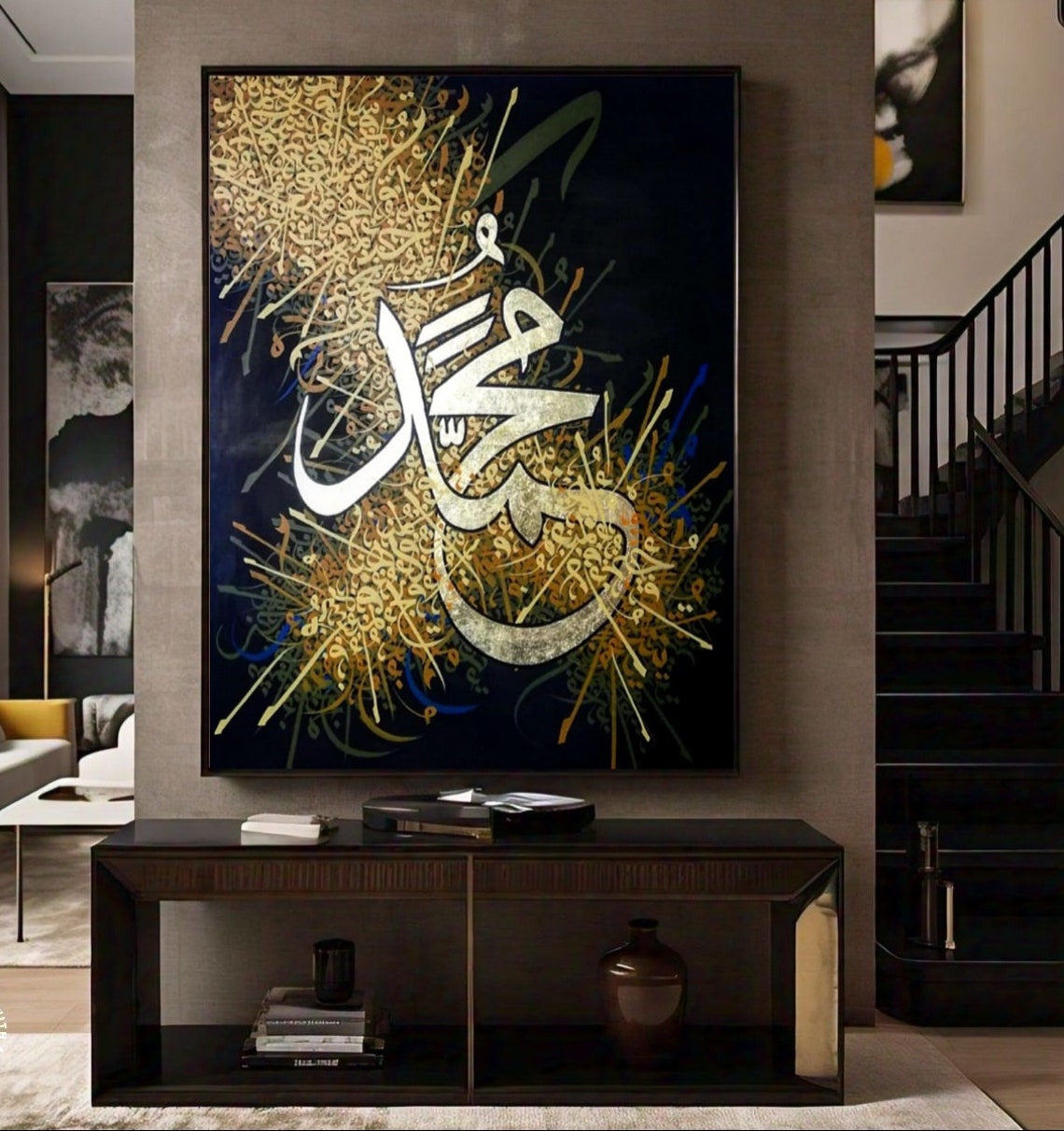 White Arabic Calligraphy Gold Splash Dramatic Black Canvas Poster